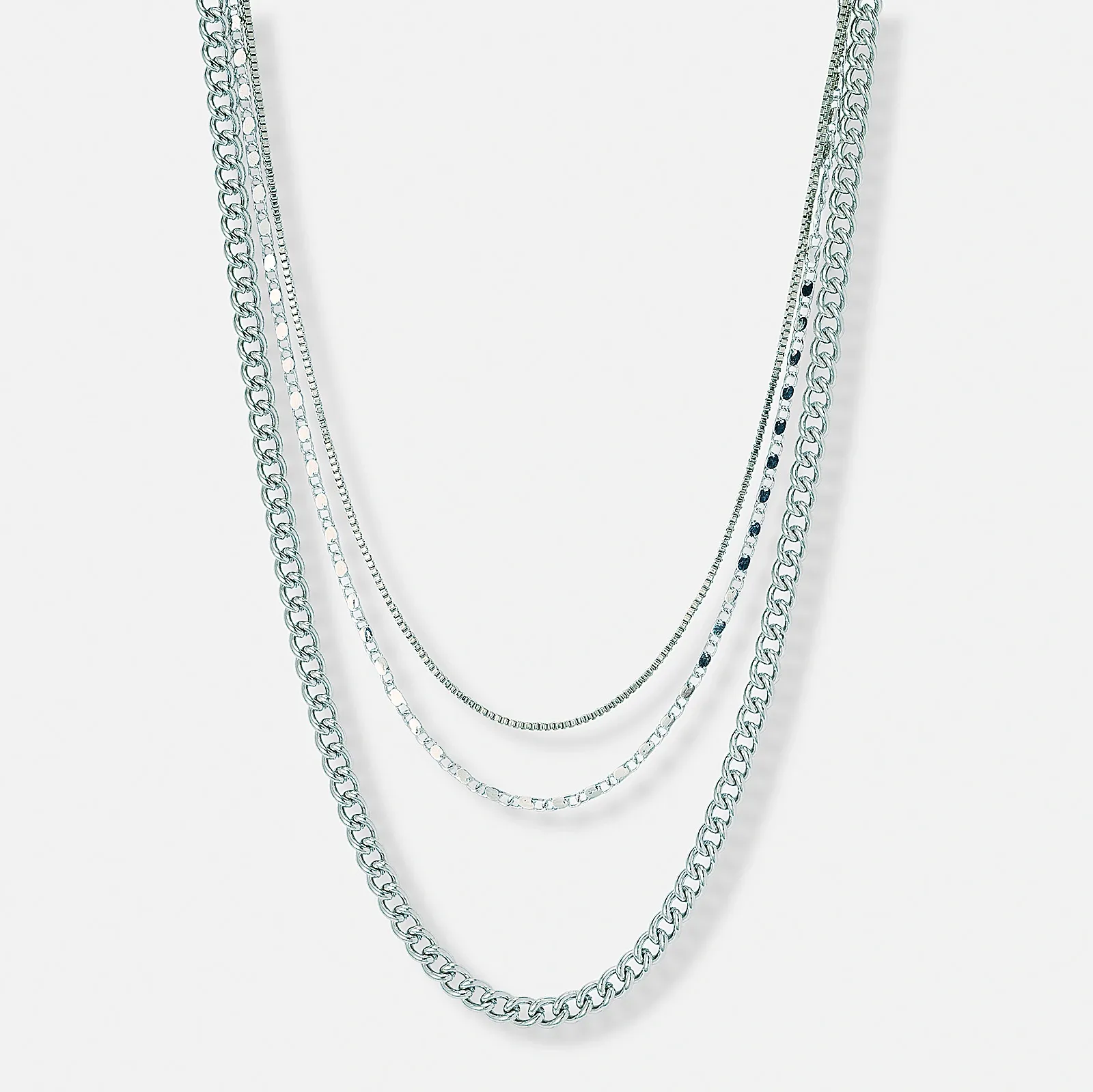 3-radigt silverfärgat halsband, olika kedjor - 33-55 cm