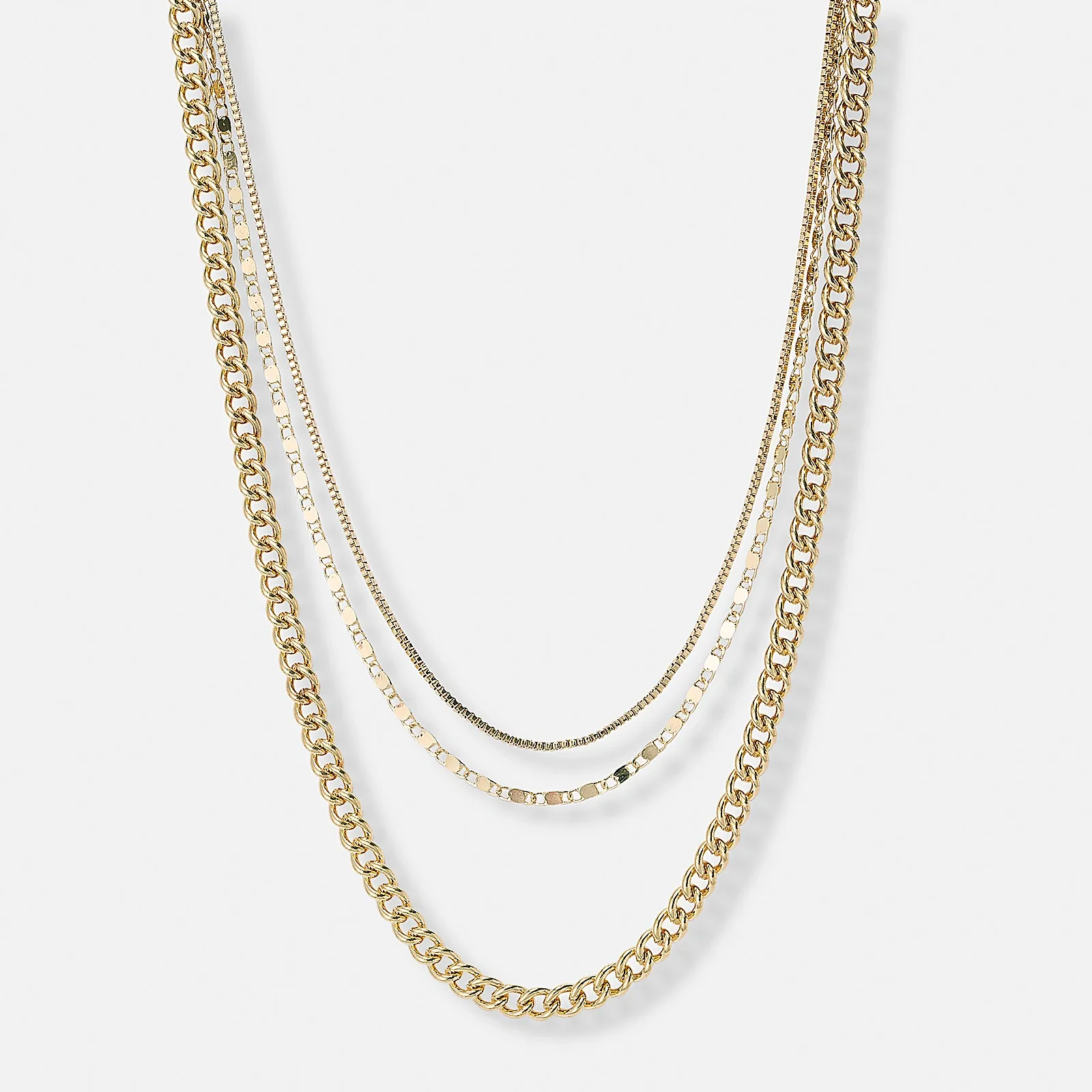 3-radigt guldfärgat halsband, olika kedjor - 33-55 cm