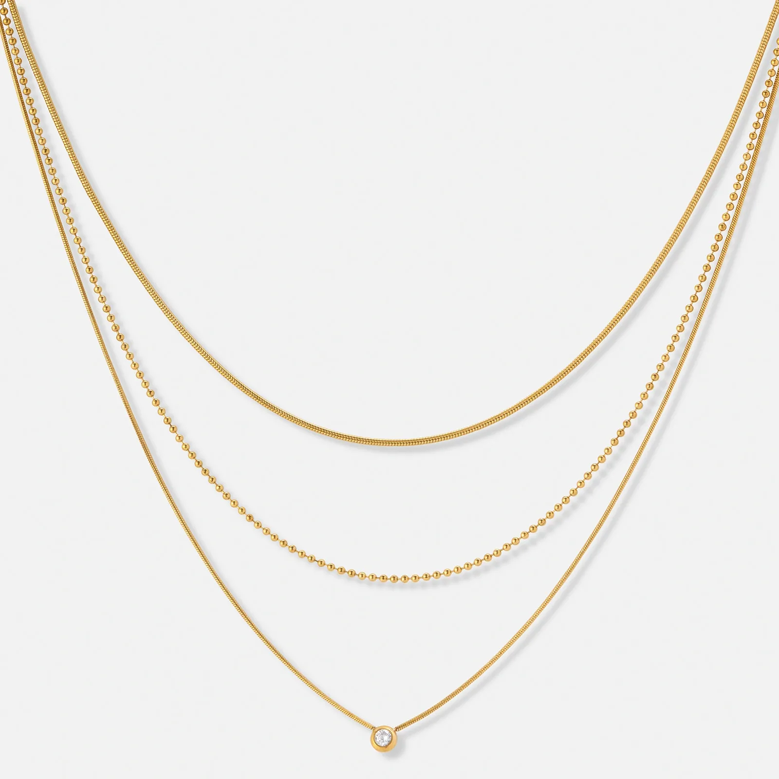 3-radigt guldpläterat stålhalsband, Kubisk Zirkonia - 35,5+5cm